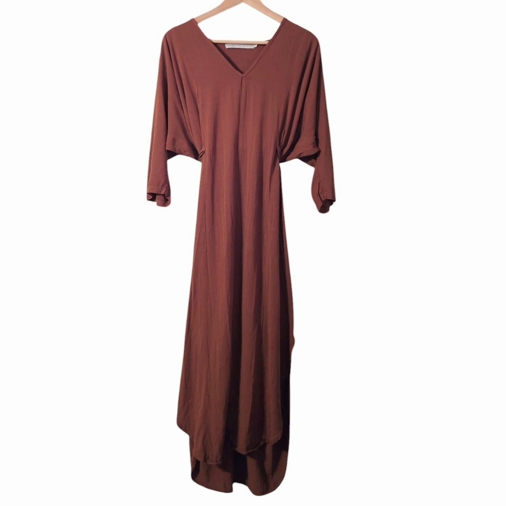 Hannah Lavery Tie Back V Neck Lagenlook Bat Wing Kaftan Midi Dress Medium Brown